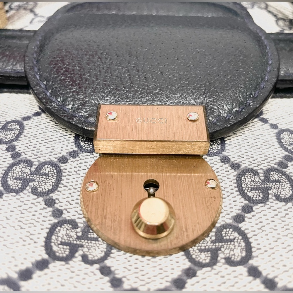 RARE GUCCI Vintage Navy Monogram Leather Canvas Top Handle Structured Train Case - Picture 2 of 15